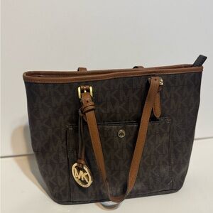 Michael Kors Brown MK Logo Tote with Tan Trim